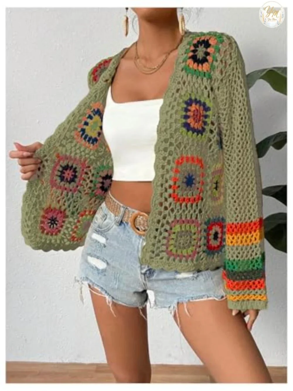 Women's Floral Crochet Long Sleeve Cardigan Hollow Out Open Front Lightweight